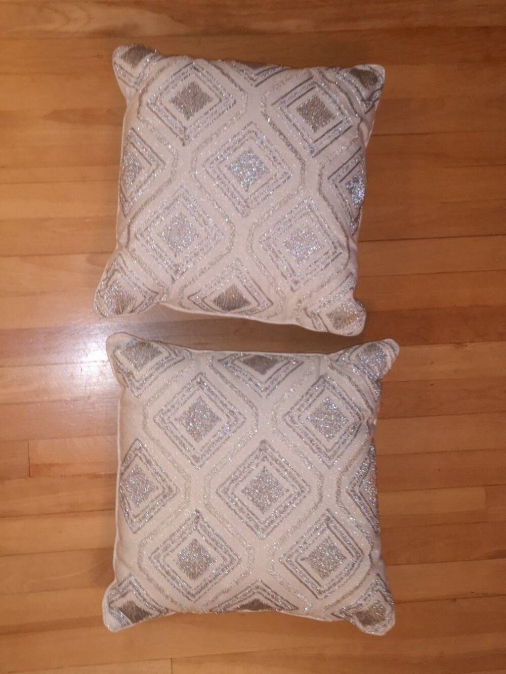 2 - Decorative 18"x18" Raised Silver Tone Metallic Embroidery Throw Pillows